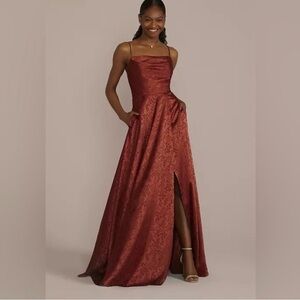 David’s Bridal Jacquard Cowl Neck Maroon Dress size 12